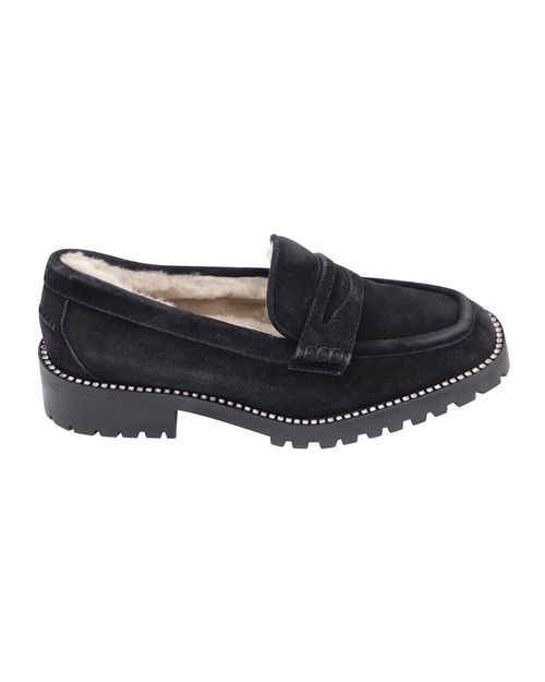 Deanna Crystal-Embellished Shearling-Lined Loafers in Black Suede