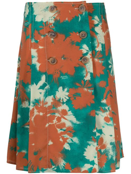 Bouquet-print pleated wrap skirt - Brown