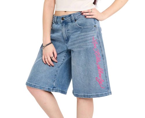 Flower Diamond Low Rise Baggy Jorts In Light Wash