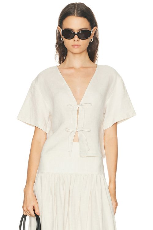 Staud Ava Linen Top in Natural - Neutral. L also in M