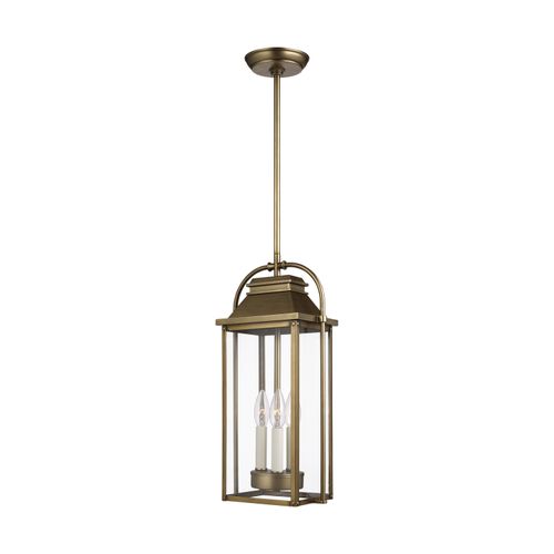 Visual Comfort Studio Wellsworth 3-Light Outdoor Hanging Light in Painted Distressed Brass by Sean Lavin