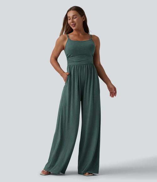 Adjustable Straps Ruched Wide Leg Heathered Casual Jumpsuit with Pockets-Easy Peezy  - Dark Green Floral Yarn