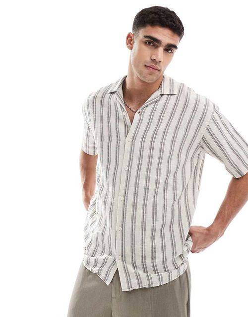 Jack & Jones camp collar textured striped short sleeve shirt in cream-White