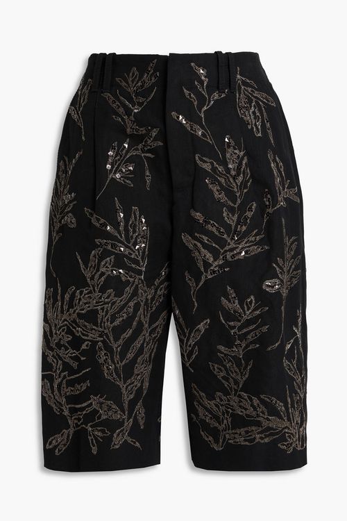 Embroidered cotton and linen-blend shorts - Black - IT 40