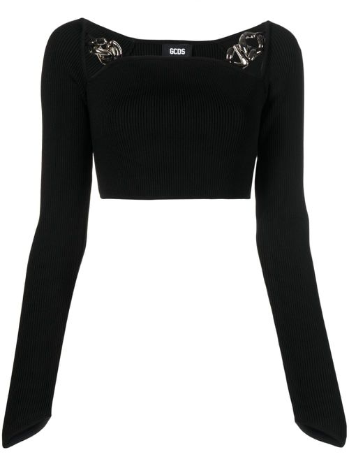 Ribbed square-neck cropped top - Black