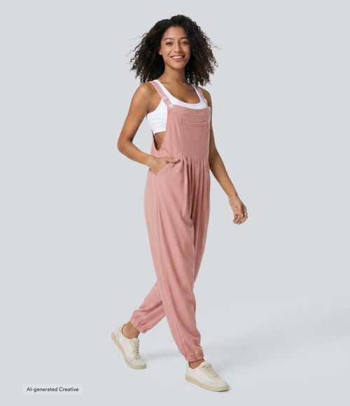 Pockets Waffle Casual Jogger Overalls  - Rose Tan