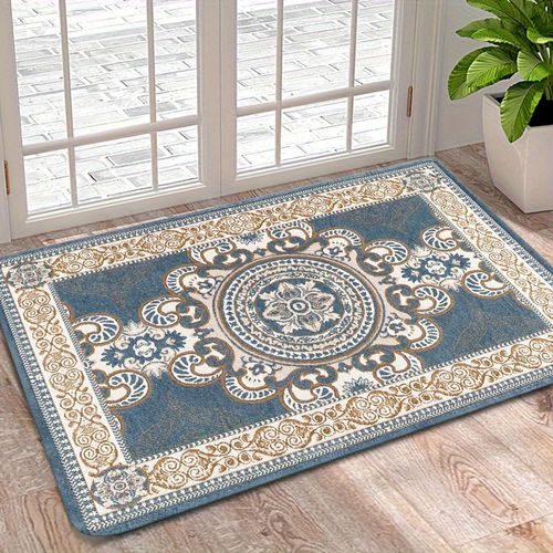 TEMU Chic Gray Blue Persian-inspired Polyester Area Rug - Living Room, Bedroom, Kitchen, Yoga, And Entryway Decor | Machine Washable