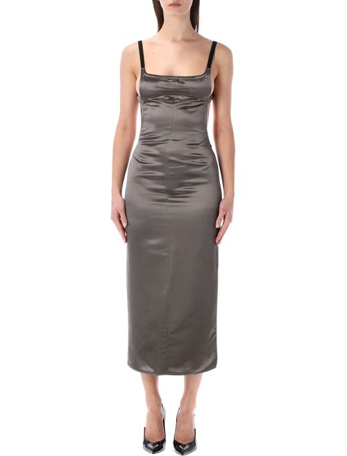 Fitted Satin Midi Dress with Square Neckline and Adjustable Straps
