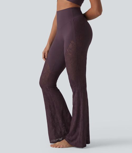 UltraSculpt™ High Waisted Tummy Control Contrast Lace Yoga Flare Leggings with Pocket  - Night's Purple