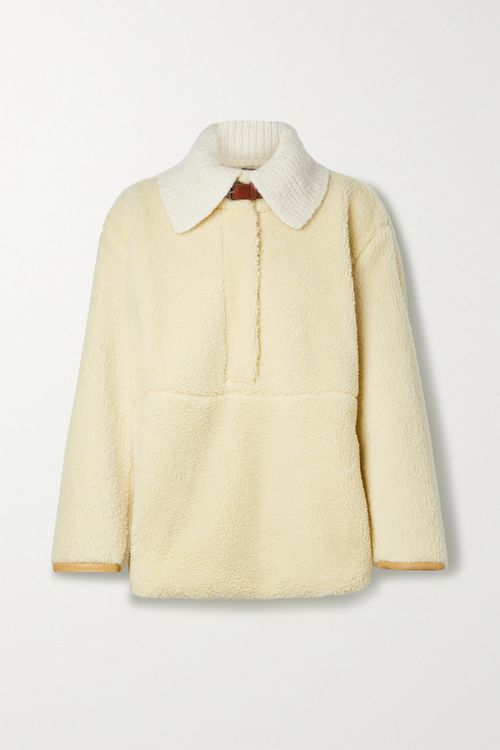 Brigitte Ribbed-knit And Leather-trimmed Fleece Jacket - Cream - FR34