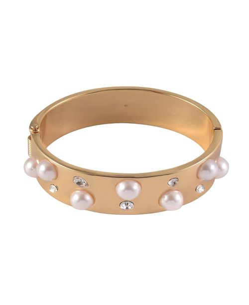 Gold Tone Hinge Bracelet with Crystal Stone and Pearl Accents - Gold