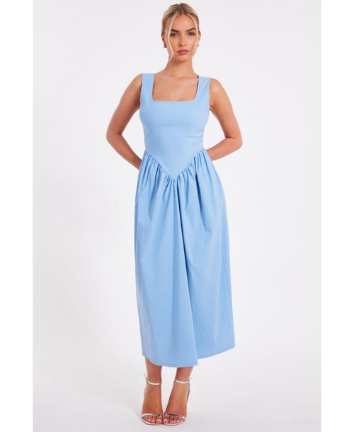Women's Bengaline Square Neck Drop Waist Midi Dress - Light blue