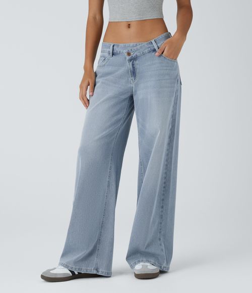Flex™ Asymmetric Low Rise Zipper Pockets Baggy Wide Leg Washed Casual Jeans  - Light Azure Denim