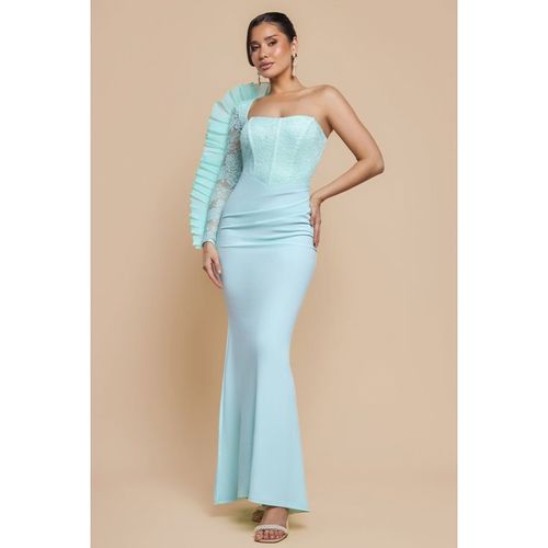 One Shoulder Organza  Fan Detail Lace Bodice Maxi Dress