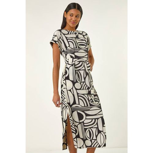 Roman Geometric Textured Midi Dress In Ivory