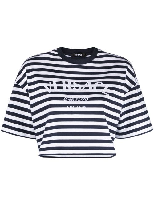 Logo-embroidered striped T-shirt - Blue