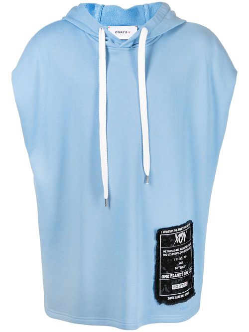 Logo-patch short-sleeved hoodie - Blue