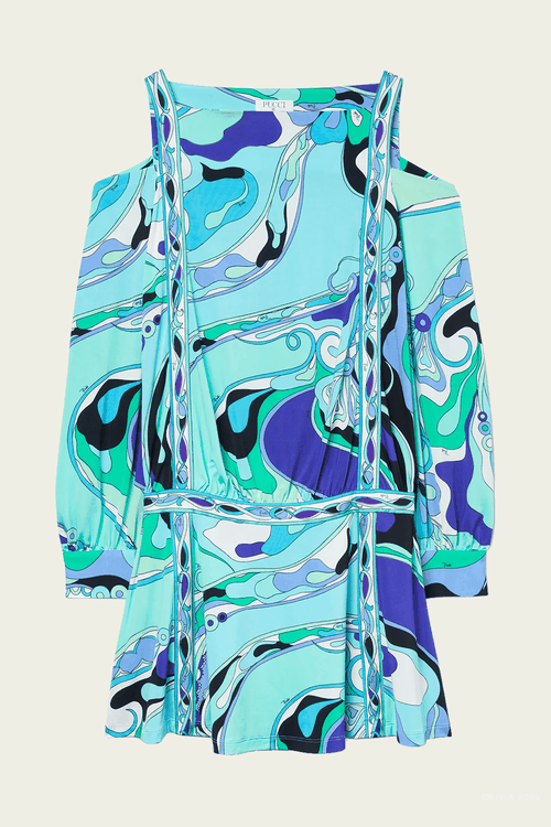 Orchidee-Print Long-Sleeve Jersey Dress in Verde Lilla
