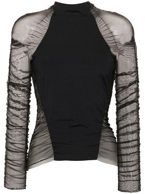 Ruched-detail tulle T-shirt - Black