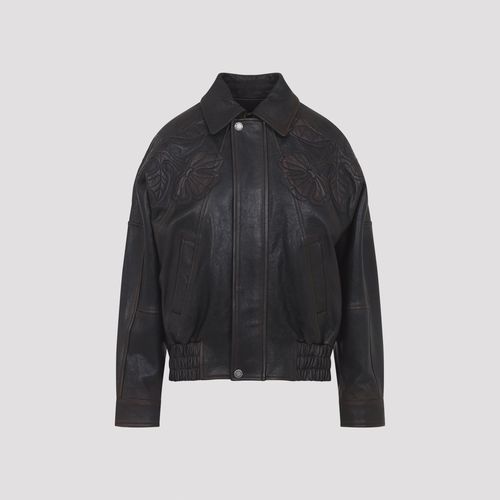 Leather Bomber Jacket with Floral Embroidery