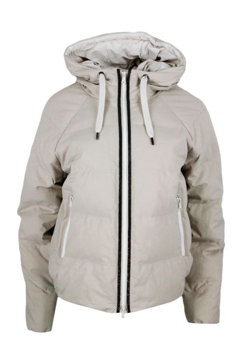 Lightweight Down Jacket In Techno Canvas Cotton With Hood And Embellished With Brilliant Jewels On The Closing Zip