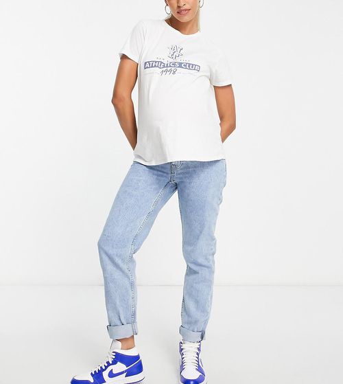 ASOS DESIGN Maternity high rise relaxed mom jeans in lightwash with elastic side waistband-Blue