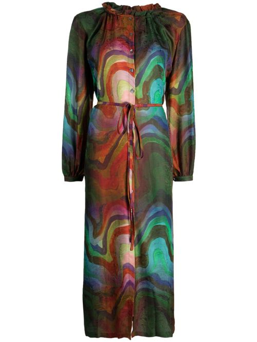 Wave pattern frilled-neckline silk dress - Multicolour