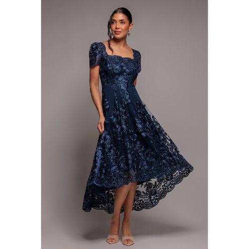 Goddiva Scalloped Neck Embroidered Lace High Low Midi Dress - Navy Blue
