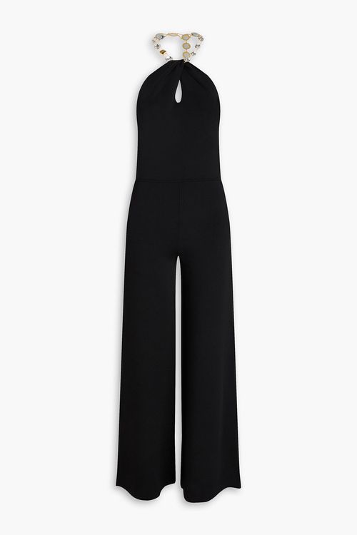Chain-embellished stretch-knit wide-leg jumpsuit - Black - L