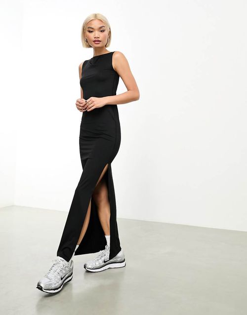 Weekday Annie boatneck maxi dress with side split in black