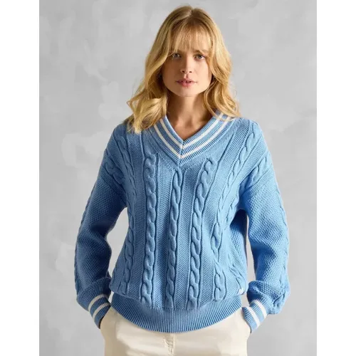 Women's Joules Dibbly Womens V-Neck Cable Knit Jumper - Blue - Size: 14