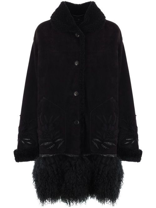 Embroidered shearling coat - BLACK