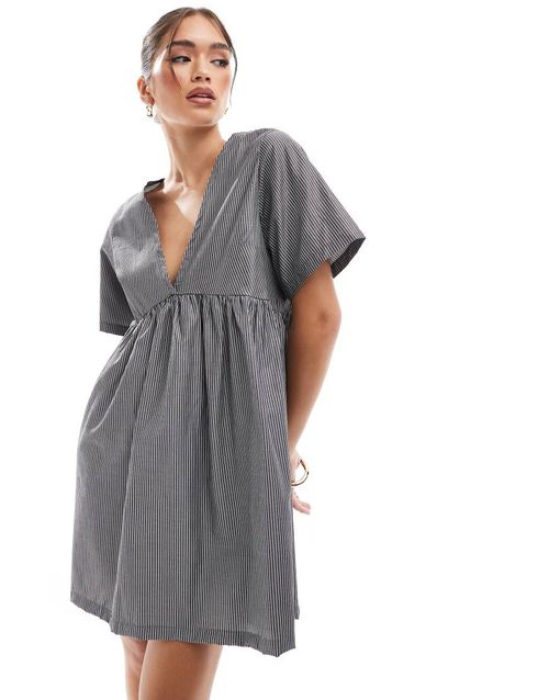 ASOS DESIGN poplin v waist smock dress in blue stripe