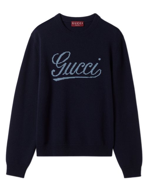 Ribbed Wool Crewneck Sweatshirt with Intarsia Logo
