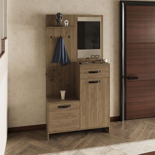 75" Tall Mirrored Tree Hall with Hangers, Three Shelves, Two Cabinets, One Drawer, Entry way, Console Table, Living Room Light Oak