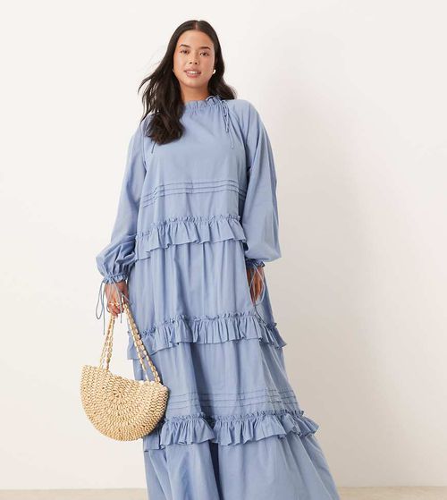 ASOS DESIGN Curve tiered ruffle maxi dress with ties in smokey blue
