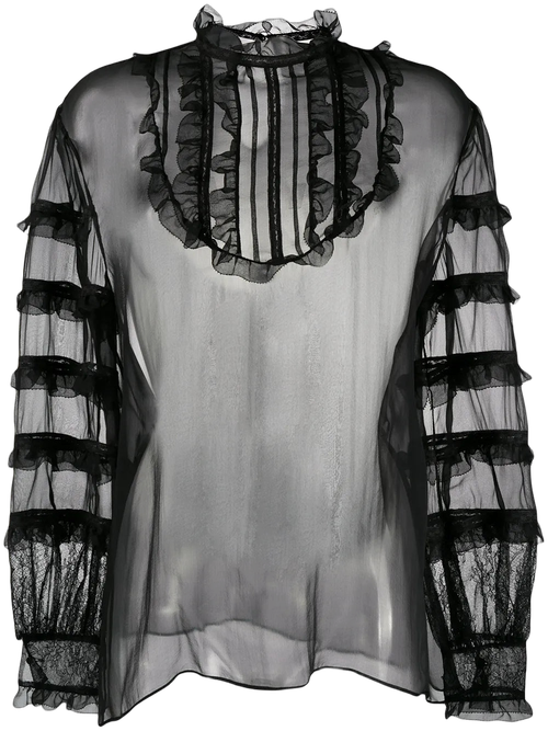 Ruffled Tiered Organza Blouse — Black