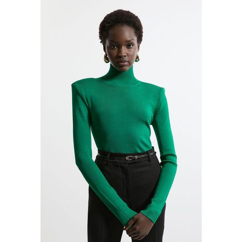 Karen Millen Womens Slinky Drape Knit Power Shoulder Funnel Neck Top - Green Viscose - Size Medium