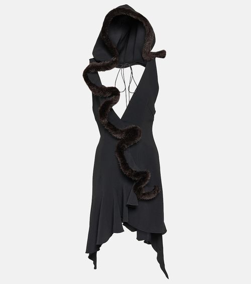 Faux fur-trimmed jersey minidress
