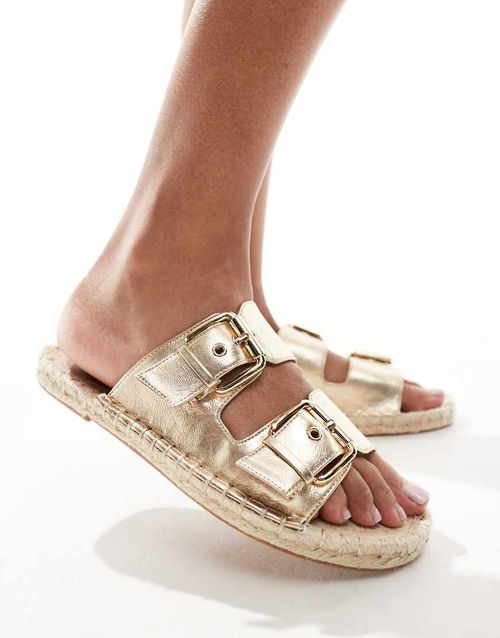 ASOS DESIGN Jada double buckle espadrille mules in gold metallic