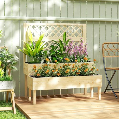 Outsunny 2-Tier Raised Garden Bed with Trellis for Climbing Plants - Raised Garden Bed with Trelli
