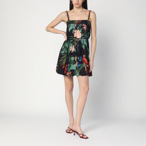 Farm Rio Midnight Macaw Fiesta Black Mini Dress In Linen Blend