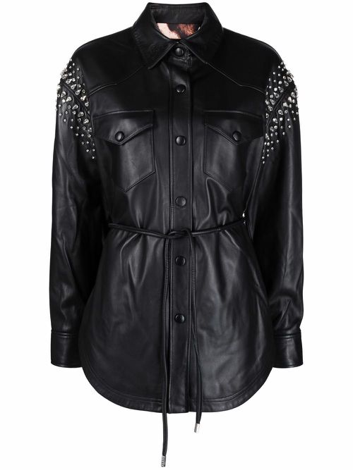 Crystal-studded leather shirt - Black