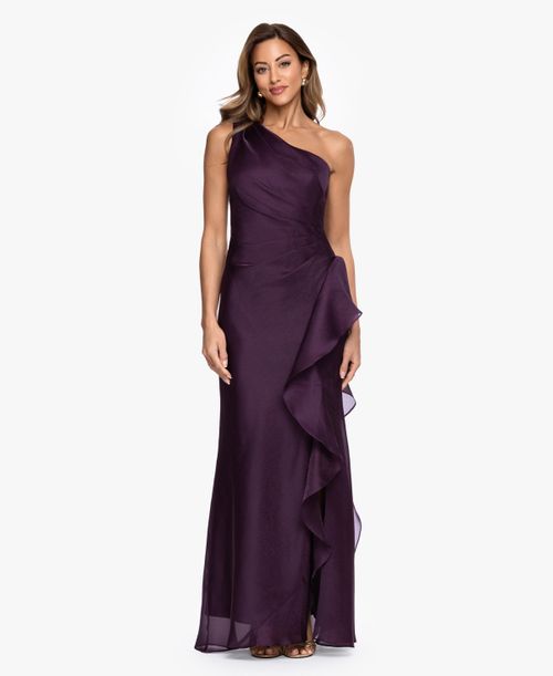 Women's One-Shoulder Ruffle Detail Ball Gown - Plum