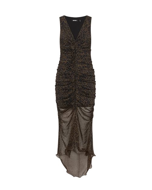 Ruched Leopard-Print Overlay Dress — Brown