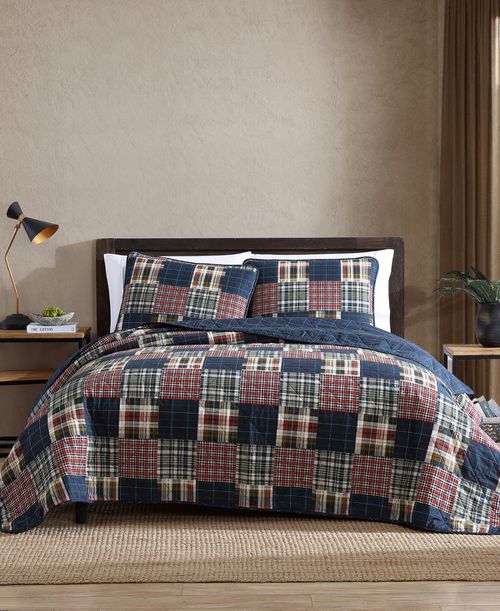 Madrona Plaid Blue Reversible 3-Piece Full/Queen Quilt Set - Dark Blue