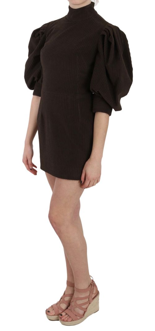 Puffed-Sleeve Corduroy Dress — Brown