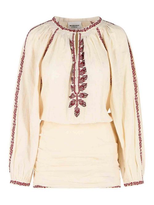 Ludy Short Dress In Beige And Red Cotton