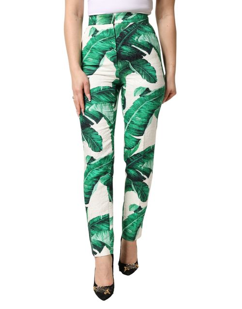 Green Leaf Print Trousers — White