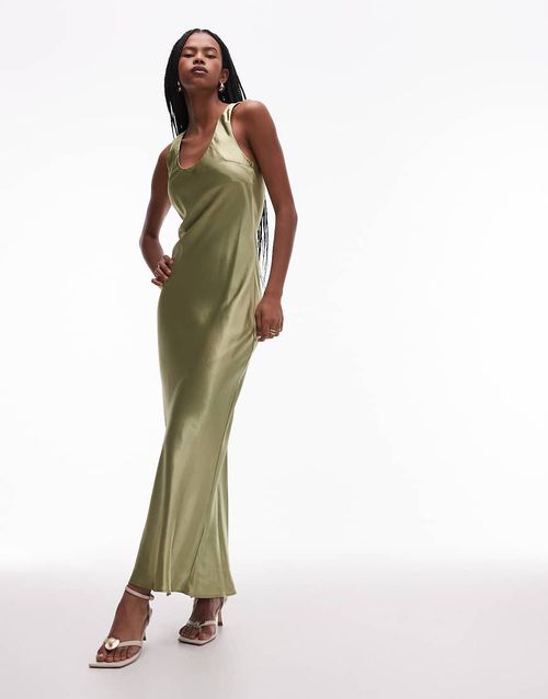 Topshop | racer neck satin bias cut maxi dress in olive-Green | Realry